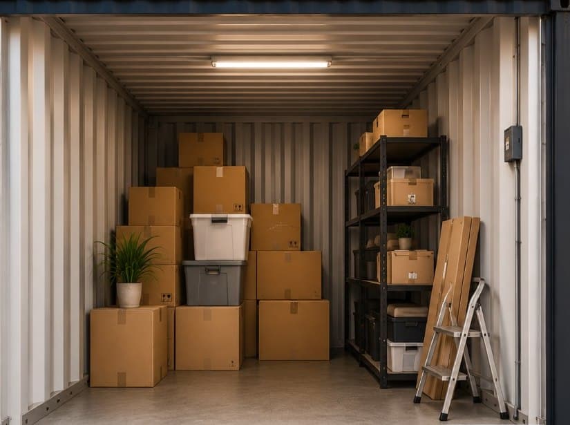 Interiorul unui container de depozitare cu cutii și rafturi